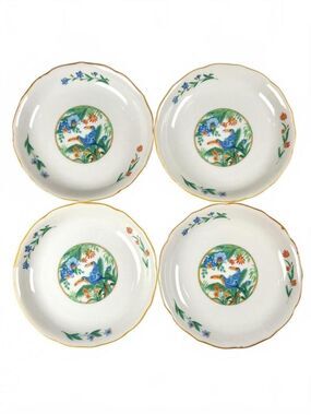 Set of 4 Vintage Dessert Plates Scalloped Rim Tropical Japan Toucan Porcelain